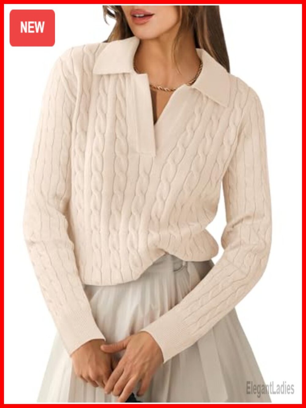 Cable Knit Polo Sweater Long Sleeve V-Neck Pullover